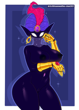armor big_breasts blue_background border breasts clothing ear_piercing ear_ring female gauntlets genitals gloves glowing glowing_eyes gold_(metal) gold_jewelry handwear headgear headwear humanoid_pointy_ears jewelry looking_at_viewer nipples not_furry nude piercing pointy_ears pose purple_body religious_clothing religious_headwear ring_piercing simple_background solo sparkles turban veil vulva white_border kitsunewaffles-chan tarja genie humanoid 2021 absurd_res dated digital_media_(artwork) hi_res pinup portrait shaded three-quarter_portrait