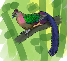 abstract_background ambiguous_gender avian_feet beak blue_sclera ear_tuft feathers feral fur multicolored_body multicolored_feathers multicolored_fur outside paws red_eyes sitting_on_branch solo tail tuft heimeldat mythology avian bird columbid gryphon hybrid indian_emerald_gryphon mythological_avian mythological_creature pigeon squigeon english_description hi_res