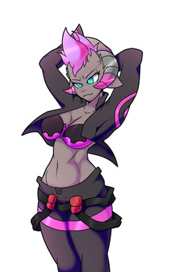 anthro blue_eyes bovid_horn bra caprine_horn clothing female goat_horn hair hands_behind_head horn jacket overalls pink_hair raised_arm simple_background solo topwear underwear white_background randomgloves salta bovid mammal hi_res