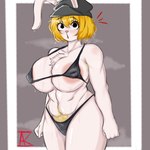 anthro areola armpit_hair big_breasts bikini black_bikini black_clothing black_eyes black_swimwear blonde_hair blonde_pubes blush bodily_fluids body_hair breasts chest_tuft clothing eyelashes female grey_background grey_clothing grey_hat grey_headwear hair hat headgear headwear huge_breasts looking_at_viewer navel nipple_outline pink_areola pube_peek pubes short_hair simple_background solo sweat sweatdrop swimwear thick_thighs tuft two-piece_swimsuit white_background wide_hips adoniasfra one_piece carrot_(one_piece) lagomorph leporid mammal minkmen_(one_piece) rabbit 1:1 hi_res