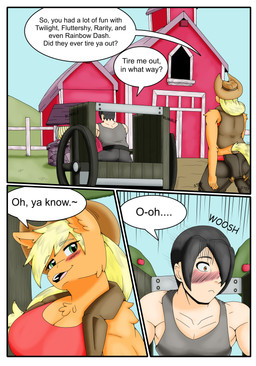 anthro blonde_hair blush border breasts clothed clothing dialogue duo female green_eyes hair hat headgear headwear male male/female speech_bubble tail text white_border zeroviks friendship_is_magic hasbro my_little_pony mythology applejack_(mlp) earth_pony equid equine horse human mammal mythological_creature mythological_equine pony absurd_res comic digital_media_(artwork) english_text hi_res