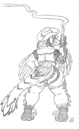 big_butt bulge bulge_from_behind butt chaps claws clothing cowboy cowboy_hat feather_hair feather_mane feathered_arms feathers fluffy gun handgun hat headgear headwear jacket looking_at_viewer looking_back male pseudo_hair pseudo_mane ranged_weapon rear_view revolver sickle_claw smoking_gun solo thick_thighs toe_claws topwear trigger_discipline weapon skianous charon_fairfield acheroraptor dinosaur dromaeosaurid feathered_dinosaur feathered_scalie prehistoric_species reptile saurischian scalie theropod absurd_res hi_res monochrome