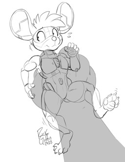 ambiguous_gender anthro big_ears claws eyebrows flustered machine mouse_wheel paws pinned pupils pushbutton size_difference solo translucent visor rick_griffin west_of_heaven mammal mouse murid murine robot rodent 2023 hi_res monochrome genderfluid_(lore)