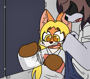 ambiguous_gender anthro bathroom biped black_nose blonde_hair clothed clothing container countershading duo fur genitals grey_body grey_clothing grey_fur grey_shirt grey_topwear hair handjob jar male male/ambiguous open_mouth open_smile orange_body orange_fur orgasm penile penis public_restroom restroom_stall sex sheathed_tapering_penis shirt smile standing topwear yellow_eyes young lightningb0lt01 marika_(character) canid canine fox mammal murid murine rat rodent 2026 absurd_res digital_drawing_(artwork) digital_media_(artwork) hi_res signature female_(lore)