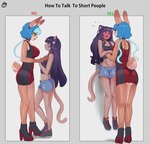 anthro anthro_on_anthro assertive_female bell big_breasts blue_hair blush blushing_profusely bodily_fluids bottomwear breasts brown_body brown_fur butt choker cleavage clothed clothing duo ear_piercing female female/female flustered flying_sweatdrops footwear fur hair high_heels holding_character jewelry long_hair midriff navel necklace piercing shirt shoes shorts side_view simple_background size_difference smile sweat sweatdrop tank_top text topwear hawtmoon how_to_talk_to_short_people tall_woman_lifting_short_woman chimiko lazuli_delarosa domestic_cat felid feline felis lagomorph leporid mammal rabbit 2021 absurd_res digital_media_(artwork) english_text hi_res meme