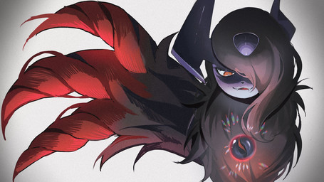 absolite_z ambiguous_gender black_body black_fur black_hair eyelashes fangs feral fur hair horn mega_stone one_eye_obstructed open_mouth red_eyes simple_background solo teeth mmocc123 nintendo pokemon pokemon_legends_z-a generation_9_pokemon mega_absol_z mega_evolution pokemon_(species) 16:9 2025 hi_res widescreen