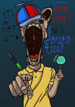 anthro candy clothing dessert drugs fingers food gesture hand_gesture hat headgear headwear holding_object lollipop looking_at_viewer male melting open_mouth pointing razor_blade screaming shirt solo speech_bubble standing syringe t-shirt teeth text tongue topwear eyescutout animal_humanoid domestic_cat felid felid_humanoid feline felis humanoid mammal mammal_humanoid colored english_text meme