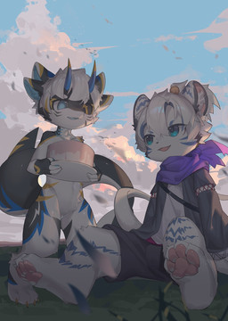 4_ears 4_toes anthro black_body black_bottomwear black_clothing black_sclera black_shorts blue_eyes blue_markings blue_pupils blue_sky bottomwear cake cheek_tuft chest_tuft claws clothing cloud dessert duo_focus facial_tuft fangs featureless_crotch feet food grass group hair inner_ear_fluff male markings messy multi_ear no_pupils nude open_mouth outside pawpads paws pink_pawpads plant pupils short_hair shorts sitting sky standing teeth toe_claws toes topwear tuft unsigned white_body white_clothing white_clouds white_hair white_inner_ear_fluff white_topwear yellow_eyes yellow_markings young young_anthro emolga_1 species_request hi_res