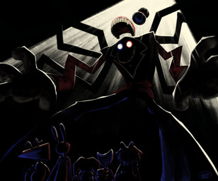 8_arms anthro artificial_intelligence clothing darkness doll female for_a_head group hat headgear headwear horror_(theme) jester looking_down looking_up male mask multi_arm multi_limb nightmare_fuel plushie rag_doll_(toy) size_difference spoiler spotlight suit top_hat sr_pelo glitch_productions the_amazing_digital_circus caine_(tadc) gangle_(tadc) jax_(tadc) pomni_(tadc) ragatha_(tadc) zooble_(tadc) animate_inanimate digital_creature fabric_creature human humanoid lagomorph leporid living_doll living_mask living_plushie living_toy mammal object_head rabbit shape_head tooth_creature 2026 digital_media_(artwork) digital_painting_(artwork) hi_res painting_(artwork) restricted_palette nonbinary_(lore)