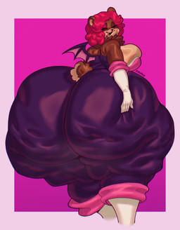 anthro big_breasts big_butt breasts brown_body brown_fur butt clothed clothing cosplay eyes_closed female fur hair huge_butt hyper hyper_butt overweight red_hair simple_background smile solo thick_thighs wide_hips eldiipiid sega sonic_the_hedgehog_(series) rouge_the_bat bear mammal hi_res