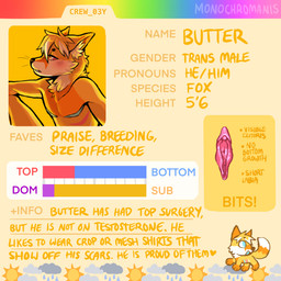 andromorph anthro genitals information intersex looking_at_viewer mastectomy_scar scar solo text visibly_trans vulva monochromanis butter_the_fox canid canine fox mammal english_text handwritten_text hi_res model_sheet portrait trans_(lore) trans_man_(lore)