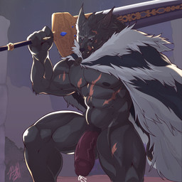 abs anthro balls biceps big_muscles big_penis black_body black_fur black_nose blue_sclera bodily_fluids clothed clothing cum dripping fangs fur genital_fluids genitals half-erect holding_object holding_weapon humanoid_genitalia humanoid_penis male melee_weapon muscular muscular_anthro muscular_male nipples partially_clothed pecs penis precum precum_drip precum_string pubes scar solo sword teeth vein veiny_penis weapon jawful elden_ring fromsoftware blaidd_(elden_ring) canid canine canis mammal wolf 1:1 absurd_res digital_media_(artwork) hi_res