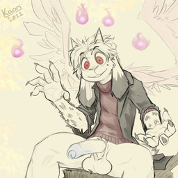 anthro balls big_ears claws clothing elemental_manipulation erection fire fire_manipulation foreskin genitals hair horn jacket magic male markings messy_hair penis red_eyes smile solo text topwear turtleneck wide_eyed wings kapri bovid caprine goat mammal 1:1 absurd_res english_text hi_res