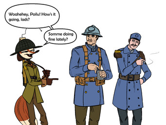 anthro armor cigarette clothed clothing finger_gun fingers fur gesture group hair hand_gesture hat headgear headwear helmet male military_uniform open_mouth pointing simple_background smoking smoking_cigarette speech_bubble text trio uniform ganii foxhole:_persistant_online_warfare mouritzeen_(lenyavok) canid canine fox human mammal 4:3 aliasing digital_media_(artwork) english_text hi_res