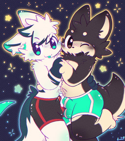 anthro balls black_body black_fur blep blush bodily_fluids boxer_briefs brown_eyes bulge bulge_frottage clothed clothing cum cum_in_clothing cum_in_underwear cum_through_clothing cum_through_underwear duo facial_tuft fangs femboy fluffy fur genital_fluids genitals green_body green_eyes green_fur green_inner_ear hand_holding hand_on_back happy head_tuft inner_ear_fluff looking_at_viewer male male/male one_eye_closed open_mouth open_smile smile tail tan_body tan_fur teeth tongue tongue_out topless tuft underwear underwear_only underwear_swap wet wet_clothing wet_underwear white_body white_fur zaaru maxie_(duskyglow) canid canine canis domestic_dog fox mammal marble_fox red_fox true_fox hi_res