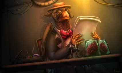 5_fingers anthro arm_support beak beak_closed bent_arm black_clothing black_eyebrows black_facial_hair black_mustache black_suit black_talons bow_tie brain brain_in_a_jar brown_clothing brown_hat brown_headwear brown_wings chair clothed clothed_anthro clothed_male clothing container dutch_angle eyebrows facial_hair feathered_wings feathers fingers furniture grey_body grey_feathers grey_wall hat headgear headwear inside jar leaning_on_elbow lidded_eyes light male male_anthro mouth_closed mustache on_chair orange_beak orange_eyes organs red_bow_tie screwdriver shirt sitting sitting_on_chair solo suit talon_hands text tools topwear wall_(structure) white_clothing white_sclera white_shirt white_topwear wings wire rayrage hasbro my_little_pony mythology fan_character avian gryphon mythological_avian mythological_creature 2020 artist_name colored digital_drawing_(artwork) digital_media_(artwork) english_description hi_res lighting shaded