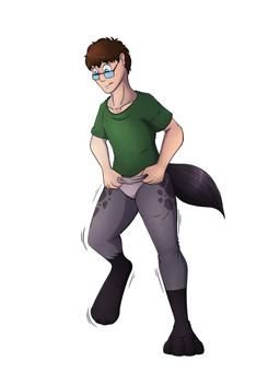anthro biped black_markings black_tail blue_eyes bottomless brown_hair clothed clothing countershade_fur countershade_torso countershading eyewear featureless_crotch fur gender_transformation glasses grey_body grey_fur hair human_to_anthro leg_markings looking_down looking_down_at_self male markings motion_lines mtf_transformation multicolored_body multicolored_fur shirt simple_background socks_(marking) solo species_transformation split_form spots standing t-shirt tail topwear transformation white_background tomek1000 human hyena mammal 2018 3:4 colored hi_res