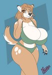 anthro big_breasts bikini breasts cleavage cleavage_overflow clothed clothing female freckled_breasts freckles holding_strap huge_breasts hyper hyper_breasts looking_at_viewer sagging_breasts solo swimwear two-piece_swimsuit lonnyk fiona_fawnbags_(dullvivid) deer mammal hi_res