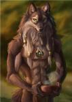 5_fingers accessory anthro beard black_nose bottomwear brown_body brown_fur clothing facial_hair feather_in_hair feathers fingers fur green_eyes hair hair_accessory holding_object jewelry loincloth male necklace solo standing tan_body tan_fur akineza canid canine canis mammal wolf 2018 digital_media_(artwork) hi_res