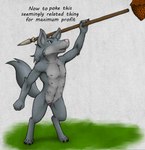 animal_genitalia animal_pussy anthro beehive blue_eyes canine_genitalia canine_pussy cheek_tuft claws digitigrade facial_tuft female flat_chested genitals grey_body grey_hair hair holding_melee_weapon holding_object holding_polearm holding_spear holding_weapon humor looking_at_object melee_weapon multi_nipple nipples nude open_mouth outside pink_nose polearm pussy simple_background solo spear standing teeth text thin_calves thin_legs thin_thighs toe_claws tuft weapon young young_anthro animew canid canine canis mammal wolf english_text hi_res