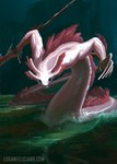 ambiguous_gender apode back_mane black_eyes droplets elbow_fin fur head_gills legless long_fingers looking_at_viewer melee_weapon moving_towards_viewer muscular partially_submerged pink_body pink_fur pink_skin polearm serpentine shallow_water solo spear water wave weapon logan_feliciano amphibian axolotl draconcopode marine mole_salamander salamander hi_res signature