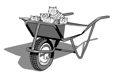 ambiguous_gender feral group humor looking_at_viewer wheelbarrow surudoiman domestic_cat felid feline felis mammal monochrome
