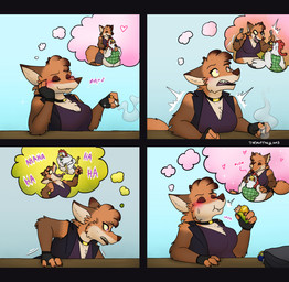 anthro blush bodily_fluids breasts cigarette clothing cutlery duo ear_piercing fantasizing female female/female female_prey fork gloves granola_bar handwear heart_symbol hug intrusive_thoughts kitchen_utensils laugh low_cut_shirt nervous piercing sharp_teeth size_difference smoking smoking_cigarette sweat teeth tools vore themuffinly abbie_huskin_(themuffinly) casey_(themuffinly) avian bird canid canine chicken fox galliform mammal phasianid red_fox true_fox comic