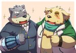 anthro belly black_nose blush clothing duo eyes_closed hoodie kemono male overweight overweight_male scar scarf topwear emufu lifewonders tokyo_afterschool_summoners cu_sith_(tas) moritaka_(tas) canid canine canis domestic_dog mammal 2017