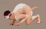 all_fours anthro clenched_teeth eyes_closed hair male nude short_hair simple_background solo teeth transformation pesimist domestic_cat felid feline felis mammal 16:10 2015 digital_media_(artwork) hi_res