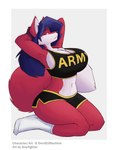 anthro army big_breasts blue_hair bottomwear breasts chest_tuft clothing dolphin_shorts female footwear fur gloves_(marking) hair hands_behind_head kneeling looking_at_viewer markings midriff red_body red_eyes red_fur shirt shorts socks solo tank_top text text_on_clothing text_on_topwear topwear tuft white_body white_fur conditional_dnp devildjmachine starfighter rexi_awoosuko_(devildjmachine) canid canine fox mammal absurd_res hi_res