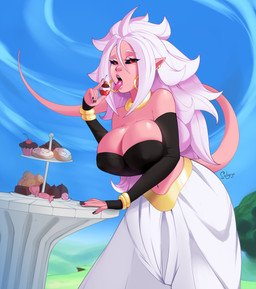 ahoge arm_warmers armwear big_breasts black_nails black_sclera blue_sky blush bottomwear bracelet breasts candy cherry chocolate cleavage clothed clothing colored_nails cupcake day dessert doughnut ear_piercing eyelashes fangs female food fruit furniture gold_(metal) gold_jewelry grass hair half-closed_eyes holding_food holding_object huge_breasts humanoid_pointy_ears jewelry long_hair looking_at_viewer nails narrowed_eyes nature navel neck_ring nipple_outline not_furry outside pants pastry piercing pink_body pink_skin pink_tail plant pointy_ears red_eyes sharp_teeth sky solo standing table tail teeth text tongue tongue_out tree white_hair solgryn dragon_ball dragon_ball_fighterz android_21 majin_android_21 alien alien_humanoid humanoid majin 2018 absurd_res hi_res signature