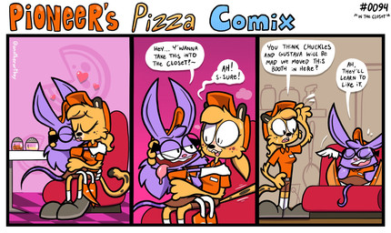 anthro black_spots blush bodily_fluids booth bottomwear braces brown_bottomwear brown_clothing brown_shorts brown_skirt chef clothed clothed_anthro clothed_female clothing co-worker dating delivery_(commerce) delivery_employee dialogue drooling duo eyewear female female/female floating_heart footwear freckled_face freckles french_kissing fully_clothed fully_clothed_anthro fully_clothed_female fur glasses gloves grey_clothing grey_footwear grey_shoes hair handwear hat headgear headwear janitor_closet kiss_on_lips kissing legwear long_ears mad_scientist making_out orange_clothing orange_footwear orange_hat orange_headwear orange_shirt orange_shoes orange_topwear pepper_shaker pizza_place ponytail purple_body purple_fur saliva saliva_on_tongue saliva_string salt salt_shaker sharp_teeth shirt shoes shorts skirt socks speech_bubble spots sweat sweaty_face teeth text thigh_highs thigh_socks tongue tongue_out topwear wearing_glasses white_clothing white_footwear white_gloves white_handwear white_sclera white_socks work_uniform yellow_body yellow_fur anotherartboy pioneer's_pizza chazz_mccheetah lizzy_rattington american_opossum cheetah felid feline mammal marsupial virginia_opossum 2026 comic english_text hi_res