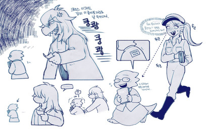 annoyed anthro barefoot blouse blush bodily_fluids book boots bottomwear buckteeth clothed clothing cross-popping_vein dialogue directional_arrow ear_fins ear_frill ellipsis exclamation_point eyelashes eyewear feet female fin flying_sweatdrops footwear freckles frill_(anatomy) glasses hair hair_over_eyes holding_book holding_object interrobang jacket long_hair looking_at_another motion_lines noseless open_clothing open_jacket open_mouth open_smile open_topwear police police_cap police_uniform ponytail prank pupils question_mark rectangular_glasses sharp_teeth shoes sign skirt slit_pupils smile speech_bubble standing sticker surprised sweat sweatdrop tail teeth text thick_tail topwear uniform vein walking whan deltarune undertale undertale_(series) alphys susie_(deltarune) undyne animal_humanoid aquatic aquatic_humanoid fish fish_humanoid humanoid lizard reptile scalie comic korean_text monochrome translation_request