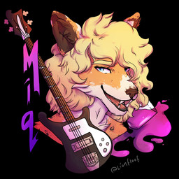 ambiguous_gender anthro arm_tuft bass_guitar black_background blonde_hair blue_eyes brown_nose cheek_tuft facial_tuft fangs fur guitar hair looking_at_viewer musical_instrument open_mouth open_smile orange_body orange_fur plucked_string_instrument red_tongue shoulder_tuft simple_background smile solo string_instrument teeth tongue tuft white_body white_fur lionfloof canid canine fox mammal 1:1 bust_portrait hi_res icon portrait signature