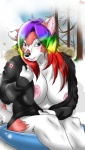 anthro big_breasts black_nose breasts canadian clothed clothing coat female fur hair huge_breasts jacket long_hair looking_at_viewer multicolored_eyes multicolored_hair nipples outside partially_clothed pink_body pink_fur rainbow rainbow_eyes rainbow_hair solo sparklefur topwear white_body white_fur heartz heartz_(character) canid canine canis domestic_dog husky mammal nordic_sled_dog spitz 2010 hi_res