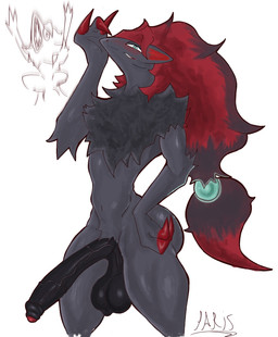 anthro balls big_balls big_penis bubble_butt butt claws dark_body dark_fur dark_penis erection foreskin fur fur_tuft genitals male penis pose red_body red_fur small_waist solo standing thick_thighs tuft wide_hips fennre nintendo pokemon generation_5_pokemon pokemon_(species) zoroark hi_res