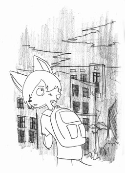 backpack bruised one_eye_obstructed post-apocalyptic ruins efradraws canid canine fox mammal absurd_res graphite_(artwork) hi_res monochrome sketch traditional_media_(artwork)