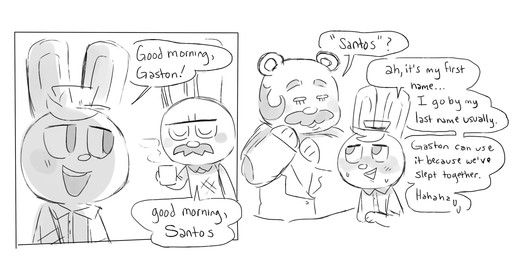 anthro blush chibi clothing eyes_closed facial_hair group hat headgear headwear male mustache shirt slightly_chubby text topwear cubert animal_crossing nintendo beardo_(animal_crossing) gaston_(animal_crossing) o'hare_(animal_crossing) bear lagomorph leporid mammal rabbit 2020 english_text hi_res monochrome