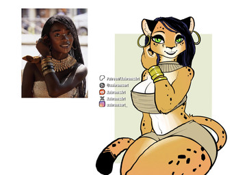 abstract_background anthro armor bandeau big_breasts black_body black_fur black_hair black_spots blue_hair blue_highlights bracers breasts cleavage clothed clothing curvy_figure ear_piercing ear_ring eyelashes female fur gold_bracers green_eyes hair highlights_(coloring) hoop_ear_ring instagram_logo long_hair long_tail looking_at_viewer markings multicolored_body multicolored_fur multicolored_hair orange_body orange_fur patreon_logo photo_reference piercing reddit_logo ring_piercing skimpy smile solo spots spotted_body spotted_fur tail text thick_thighs tiktok_logo topwear tribal tribal_clothing two_tone_hair voluptuous voluptuous_anthro voluptuous_female white_body white_fur wide_hipped_anthro wide_hipped_female wide_hips x_logo aabramsart instagram patreon reddit tiktok x_(social_media) cheetah felid feline mammal 2026 artist_name digital_drawing_(artwork) digital_media_(artwork) hi_res reference_image watermark