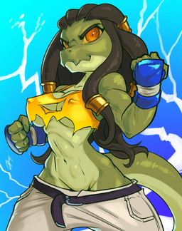 anthro big_breasts bottomwear breasts clothed clothing dreadlocks female hair low-riding midriff navel nipple_outline non-mammal_breasts oversized_bottomwear oversized_clothing oversized_pants pants sagging_pants skimpy solo tail torn_clothing under_boob v-cut thefuckingdevil zynn alligator alligatorid crocodilian reptile scalie 2016 hi_res