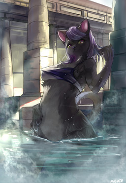:3 anthro bath bathhouse bikini clothing female fur grey_body grey_fur hair hand_on_hip looking_at_viewer partially_submerged purple_eyes purple_hair purple_nose solo steam swimwear two-piece_swimsuit water wet wet_body wet_fur magiace domestic_cat felid feline felis mammal 2016 absurd_res hi_res signature
