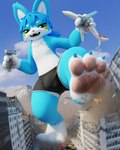 aircraft anthro black_clothing blue_body blue_fur blue_hair bottomwear building bulge car city clothing crushed_vehicle destruction detailed_bulge dirty_paws extreme_size_difference feet foot_crush fur group hair kick macro male motion_blur multicolored_body multicolored_fur pawpads paws shorts size_difference smoke sneer spandex spandex_shorts street tight_bottomwear tight_clothing tight_shorts toes two_tone_body two_tone_fur vehicle white_body white_fur tooeks ade_(blueade) canid canine mammal 2023 3d_(artwork) absurd_res digital_media_(artwork) hi_res