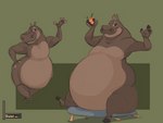 anthro belly beverage big_belly broken_furniture female half-closed_eyes hand_on_hip holding_beverage holding_object looking_at_viewer mouth_closed narrowed_eyes nude obese obese_anthro obese_female overweight overweight_anthro overweight_female raised_arm sitting sitting_on_stool smile solo standing shunan dreamworks madagascar_(series) gloria_the_hippopotamus common_hippopotamus hippopotamid mammal 2023 hi_res multiple_images signature