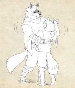 anthro arm_wraps barefoot bottomwear cheek_tuft cloak clothing dancing digitigrade duo facial_markings facial_tuft feet fluffy fluffy_tail fur fuzzy hair half-closed_eyes hand_holding hand_on_back head_markings head_tuft inner_ear_fluff leg_wrap leg_wraps looking_at_another looking_at_partner male male/male markings mask_(marking) motion_lines narrowed_eyes neck_tuft pants plantigrade pointy_ears poncho ponytail prick_ears red_eyes romantic romantic_couple shirt simple_background size_difference smile standing tail topwear tuft wrapped_arms wrapped_legs wraps harukaroto dreamworks puss_in_boots_(franchise) death_(puss_in_boots) haru_(haru_karoto) canid canine canis fox mammal wolf absurd_res hi_res monochrome