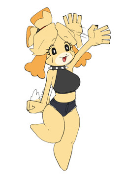 5_fingers alternate_costume anthro barefoot black_bottomwear black_clothing black_shorts black_topwear bottomwear clothing collar colored_nails crop_top denim denim_bottomwear denim_clothing denim_shorts facial_markings feet female female_anthro fingers fur gesture hair head_markings markings muzzle_(marking) nails raised_leg shirt shorts simple_background solo spiked_collar spikes tail tail_motion tailwag topwear waving white_background yellow_body yellow_fur q_qringo animal_crossing nintendo isabelle_(animal_crossing) canid canine canis domestic_dog mammal shih_tzu toy_dog 2025 digital_media_(artwork) full-length_portrait portrait