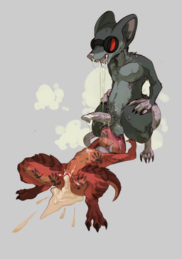 anthro asphyxiation balls balls_on_face bodily_fluids choking cum cum_in_vagina cum_inside dirty drooling drooling_on_partner duo eyewear female genital_fluids genitals goggles male male/female pus questionable_consent saliva tally_marks chalk_outline splotch_(tukoferret) veks kobold mammal murid murine rat rodent scalie absurd_res hi_res