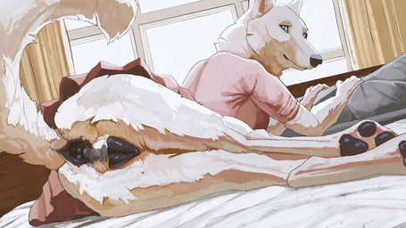 anatomically_correct anatomically_correct_genitalia anatomically_correct_vulva animal_genitalia animal_vulva anthro anus black_anus black_nose black_pawpads black_vulva blue_eyes butt canine_genitalia canine_vulva clothed clothing dress female fur genitals looking_at_viewer looking_back looking_back_at_viewer lying on_side pawpads pink_clothing pink_dress presenting presenting_hindquarters solo upskirt vulva white_body white_fur cosmiclife canid canine canis mammal wolf hi_res