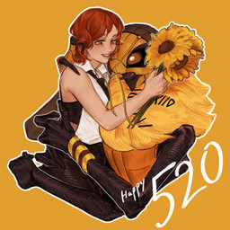 4_arms accessory amber_eyes antennae_(anatomy) anthro arms_around_waist black_eyes carrying_another clothed clothing duo female female_human female_on_anthro fingerless_gloves flower fur gloves hair hair_accessory hairpin hand_on_shoulder handwear holding_flower holding_object hug human_on_anthro interspecies larger_anthro larger_male male male_anthro male_on_human mandibles multi_arm multi_limb plant red_hair romantic romantic_couple ruff size_difference smaller_female smaller_human sunflower sweatband xenophilia yellow_body yellow_fur leafjuly izzac kim_(leafjuly) alien arthropod bee human hymenopteran insect mammal 2025 colored hi_res