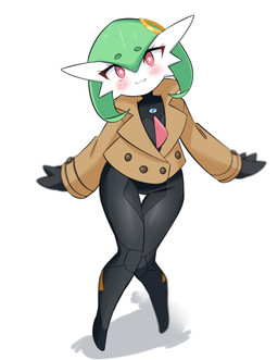 :3 blush bodysuit clothing cosplay featureless_feet feet female humanoid_pointy_ears jacket looking_at_viewer pointy_ears simple_background skinsuit solo thigh_gap tight_clothing topwear white_background m3_(pixiv) nintendo pokemon pokemon_legends_z-a emma_(pokemon) gardevoir generation_3_pokemon humanoid pokemon_(species) hi_res