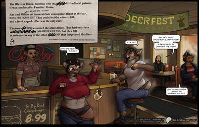 anthro apron beard bottomwear brown_body brown_fur chair clothing coffee_mug detailed_background dialogue diner eyewear facial_hair female fur furniture gender_transformation glasses group horn human_to_anthro inside male mtf_transformation open_mouth pants restaurant round_glasses shirt sitting smile species_transformation standing table tail text topwear transformation white_apron white_clothing window miltonholmes alan_wake microsoft xbox_game_studios milton_(miltonholmes) ray_(ataripanther) deer human mammal 2025 digital_media_(artwork) english_text hi_res url